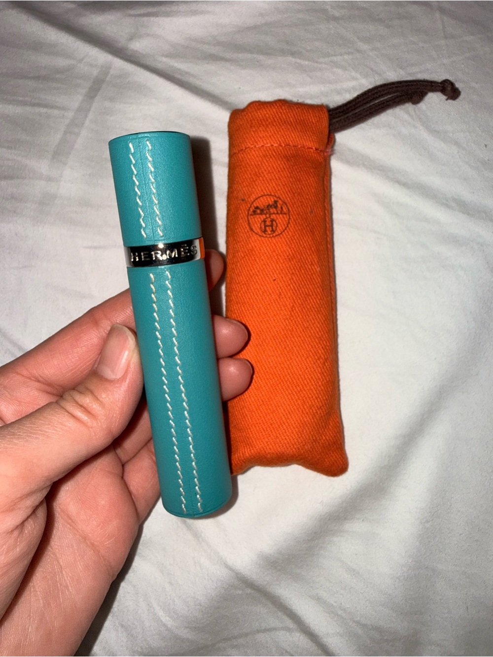 Hermes Teal Leather Travel Atomizer with Orange Drawstring Pouch